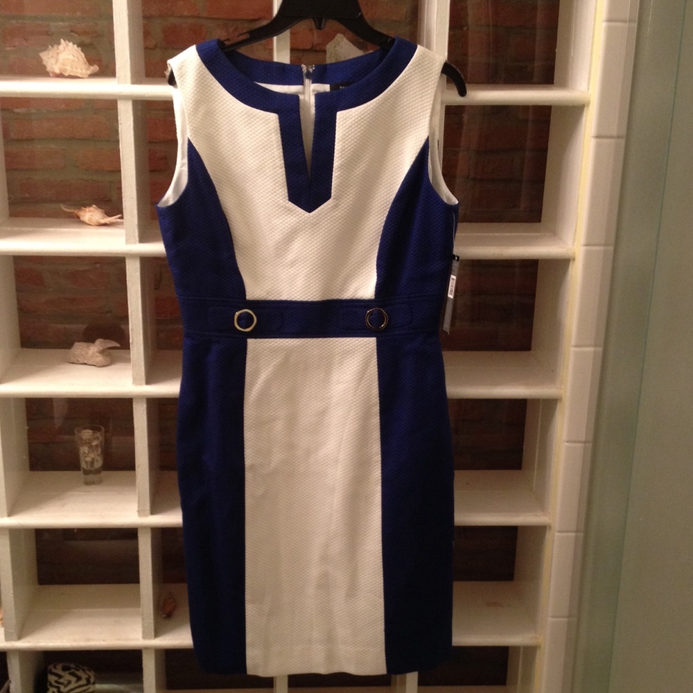 Tahari Blue and White Sleeveless Dress